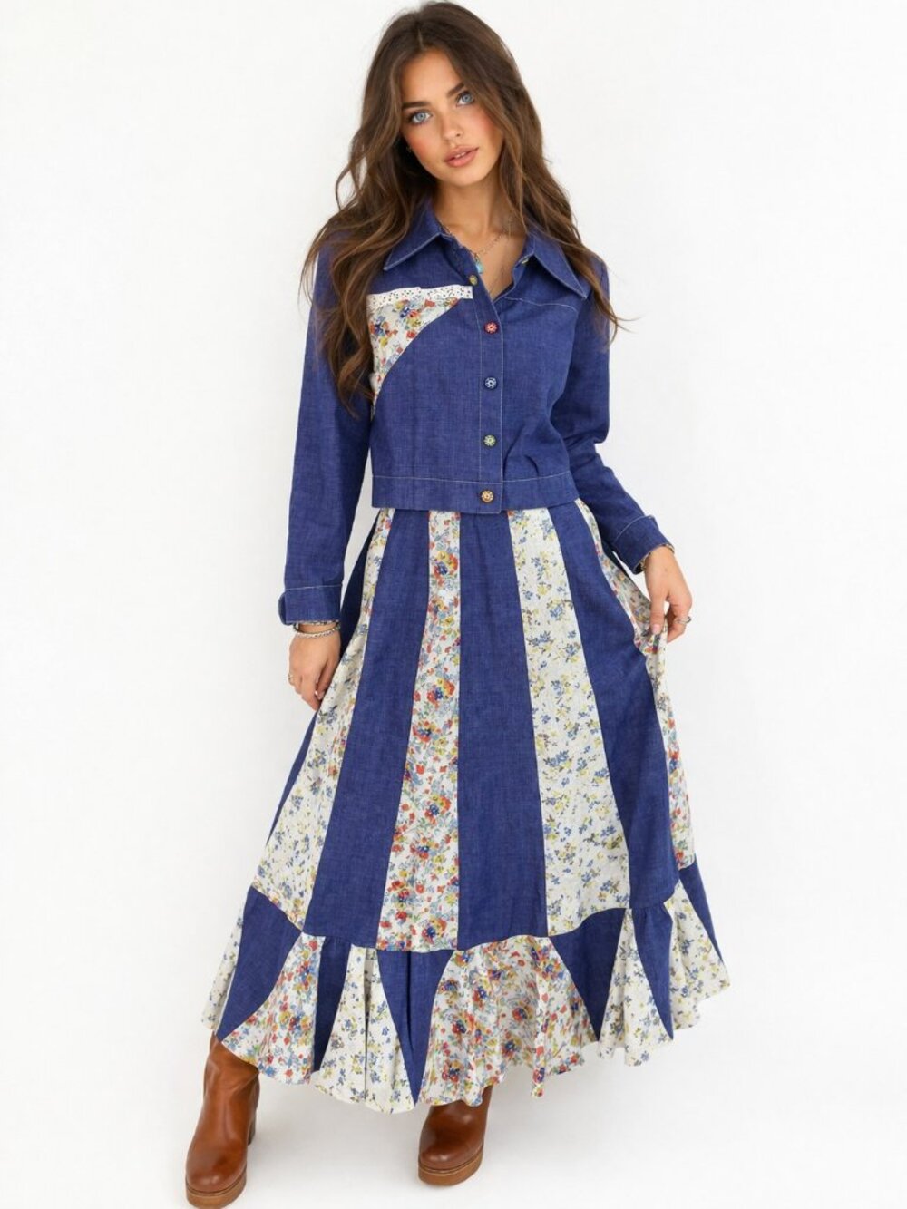 Vintage Women's ArtBro Size 9  Patchwork Dress Skirt Set Floral Denim 70s LS